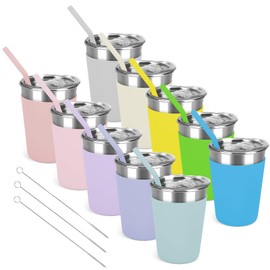 Luismia 10 Pack 12 Oz Kids Cups with Straws Lids Spill Proof Toddlers Tumbler with Colorful Silicone Sleeves Reusable Kids Stainless Steel Smoothie Cups with Lids for Cold & Hot Drinks