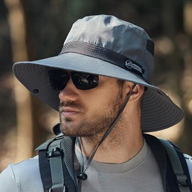 Outdoor Sun Hat with Wide Brim for Men - UPF 50+ UV Protection, Waterproof and Breathable Fishing Cap, Foldable Summer Hat for Outdoor Activities and Travel - Color: Grey
