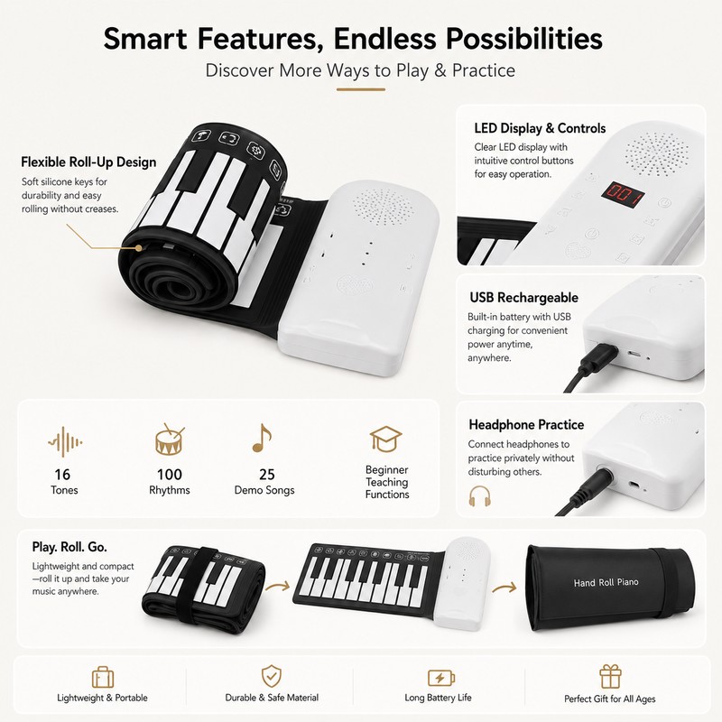 49-Key Roll Up Piano Keyboard for Beginners – Portable Foldable