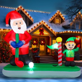 Realspring Large 5.6 FT x 6.7 FT Christmas Inflatable Santa Claus Play Golf Elf Decorations Inflatable Outdoor Christmas Decorations Built-in LED Lights Blow Up Yard Decorations for Outdoor Xmas Lawn