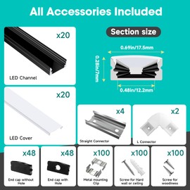 hunhun 20-Pack 6.6ft/2Meter U Shape Black LED Aluminum Channel System with Milky Cover, End Caps and Mounting Clips, Aluminum Channel Profile for LED Strip Light Diffuser Installations (20pack*6.6ft)