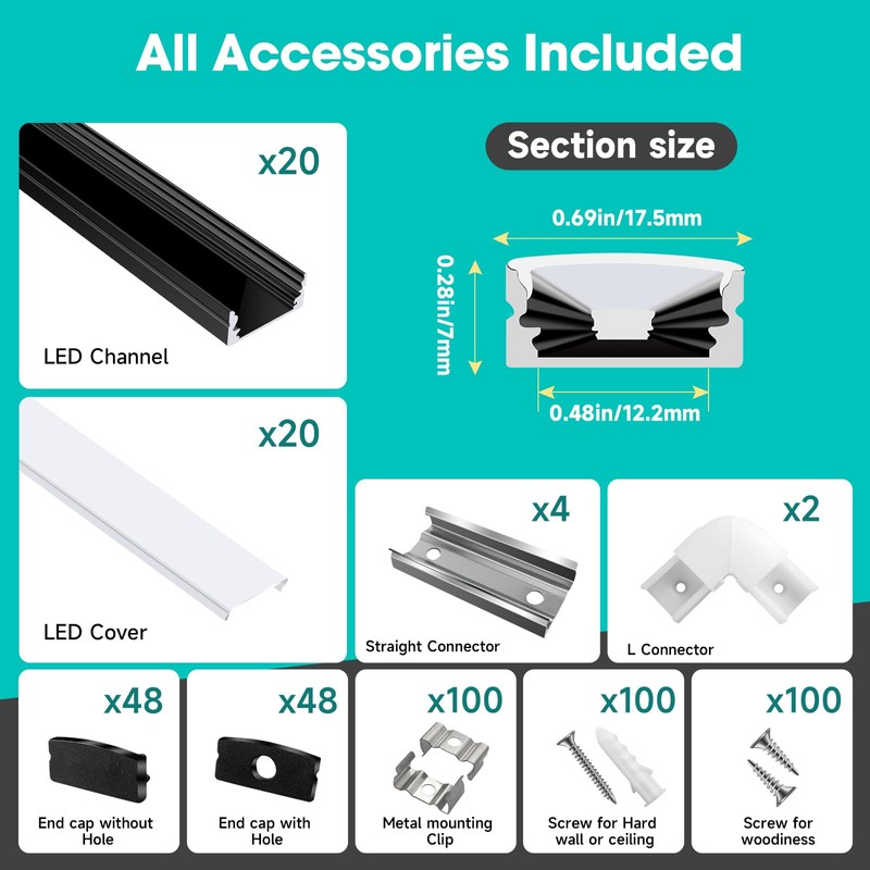 hunhun 20-Pack 6.6ft/2Meter U Shape Black LED Aluminum Channel System