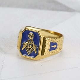 Blue Masonic Freemason Ring, Blue Lodge Masonic Ring for Men, Gold Masonic Master Ring Punk Freemason Symbol Jewelry, Gold Freemasonry Biker Ring Hip Hop Mason Ring Religious Amulet Ring for mens (9)