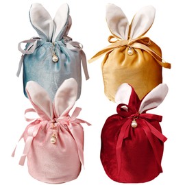 mdgfge Easter Bunny Candy Bags Rabbit Ear Velvet Bags with Drawstrings Candy Treat Bags Basket Sweet Candy Dessert Pouches for Easter Family Party Favors Bunny Package Decorations Supplies (4 Pcs)