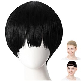 CaseEden Cosplay Wig, Earthbound Boys Hanako-kun, Short, Black, Black Hair, White Merche Wig Net, Set of 2