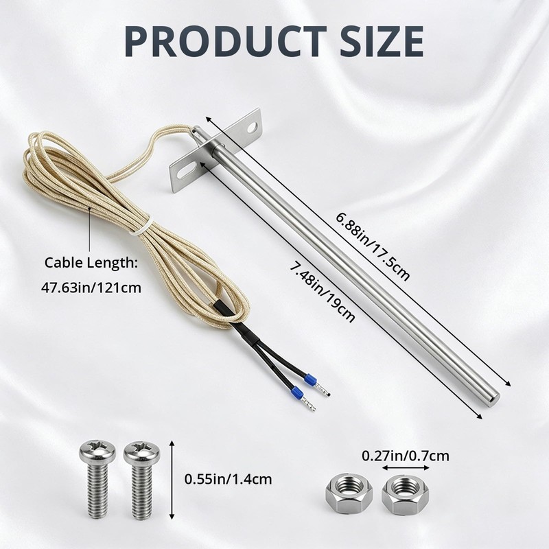 7" RTD Temperature Probe Sensor, 304 Stainless Steel Replacement for