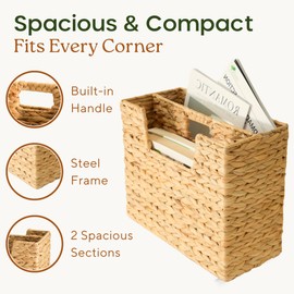 CHI AN HOME Wicker Magazine Basket, Handwoven Water Hyacinth Storage Bin & Organizer for Files, Books, Newspapers, Documents, Decorative Storage Bin with Handle for Office, Living Room, Dorm, Bathroom