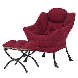 Welnow Lazy Chair with Ottoman, Modern Lounge Accent Chair with Armrests and a Side Pocket, Leisure Upholstered Sofa Chair Set, Reading Chair with Footrest for Small Space, Burgundy