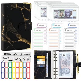 Organizador de Dinero A6, Organigastos Tipo Cartera Cuero con 12 Sobres Transparentes con Cierre, 12 Hojas de Planificador de Presupuesto de Finanzas, Libreta de Ahorro y Gastos con 3 Pegatinas, Negro