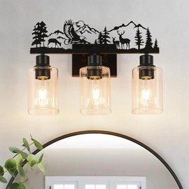 MLGB Rustic Farmhouse Bathroom Vanity Light, 3-Light Deer & Forest Wall Sconce Over Mirror, Black Metal Fixture with Clear Glass Shades for Bathroom, Cabin or Entryway