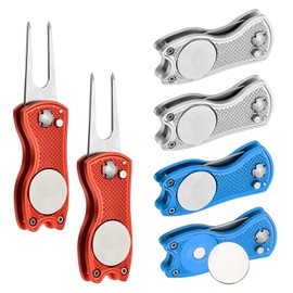 PATIKIL Golf Divot Repair Tool, 6 Pack Foldable Metal Golf Green Divot Tool with Magnetic Ball Marker & Stainless Steel Fork for Golfer, Blue/Red/Silver