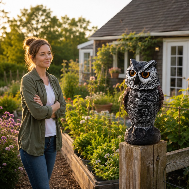Owl Decoy for Garden Bird Deterrent – Plastic Rotating Head
