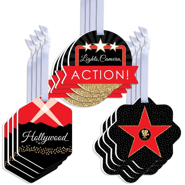 Big Dot of Happiness Red Carpet Hollywood - Assorted Hanging Movie Night Party Favor Tags - Gift Tag Toppers - Set of 12