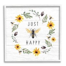 Stupell Industries Just Bee Happy Pun Phrase Yellow Daisy Wreath, Designed by Elizabeth Tyndall White Framed Wall Art, 12 x 12