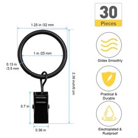 Coideal Black Curtain Rings Clips - 30 Pack 25mm Small Metal Drapery Hanging Loops Circle with Clip