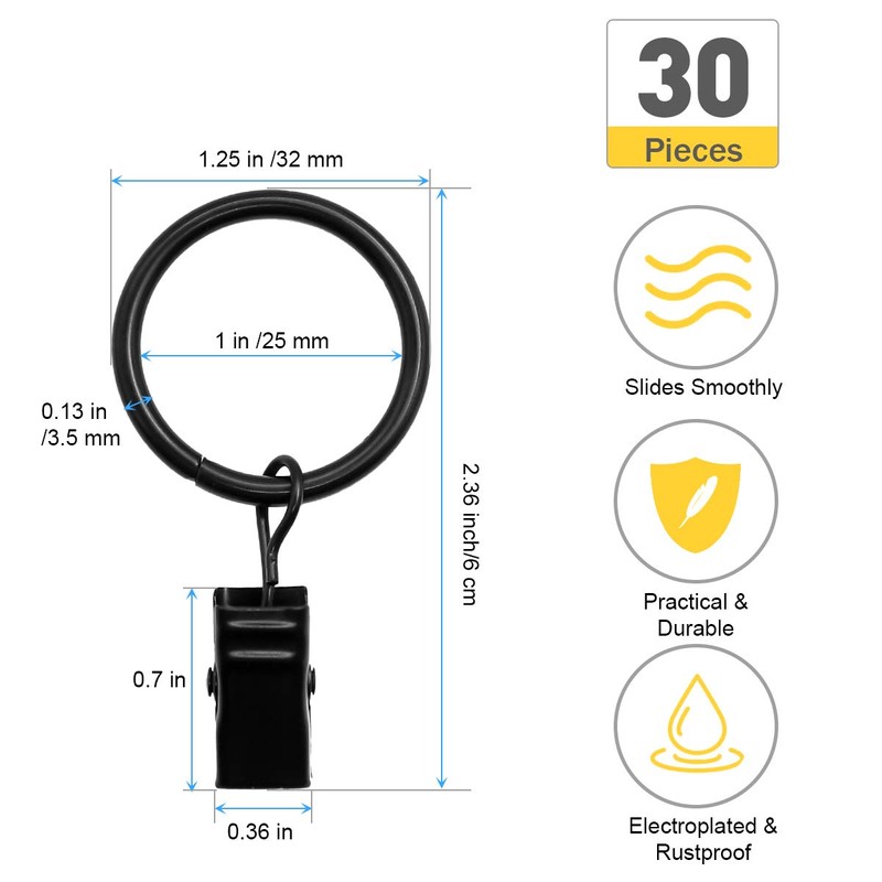 Coideal Black Curtain Rings Clips - 30 Pack 25mm Small