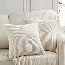 FDTERN Set of 2 Cream Beige Corduroy Christmas Cushion Covers, 40 x 40 cm, Soft Decorative Cushion Covers, Sofa Cushion, Boho Decoration for Sofa, Bedroom, Living Room
