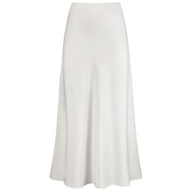 Genfien Women's Skirts Women High Waist Hidden Elasticized Waistband Midi Skirts Midi Long Length Silk Satin White