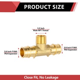 (Pack of 2) EFIELD Pex-A Expansion Brass Fittings 3/4" X 1/2" Male NPT Adapter Tee, ASTM F1960,(PEX1960286)