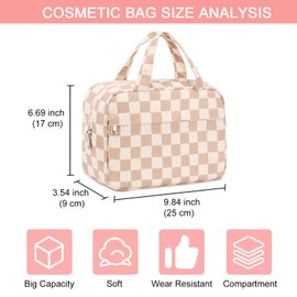 Makeup Bag, Travel Makeup Bag, Jewellery Case Set, Portable Corduroy Cosmetic Bag, Jewellery Box Organiser for Women and Girls, Brown White Grid