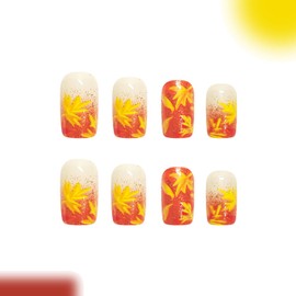 LOPMNGHT Thanksgiving Nails Medium Square Artificial Acrylic Nail Gradient Glitter Yellow Maple Leaf Design Stick on Nail Full Cover Coffin Press on Nail Thanksgiving for Women Manicure 24Pcs