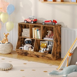 HOOBRO Kids Bookshelf, Bookcase Footboard, Toy Storage Cubby, 35.4" L Children's Toy Shelf, Toy Storage Cabinet, Fit for Children's Room, Playroom, Hallway, Kindergarten, Rustic Brown BF32CW01