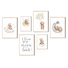 MeinBaby123® Children's Room Posters, Set of 6 DIN A4 Poster Set, Wall Pictures with Saying, Rainbow, Decorative Children's Room, Girls and Boys, Baby Room Decoration (Stars & Bear V1)