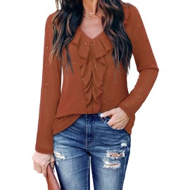 Gaharu Dressy Long Sleeve Blouse for Women - Trendy Tops to Wear With Leggings - Ruffle V Neck Loose Fit Mesh Tunic Shirts for Office - Sparkly Caramel XL