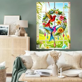 BlissYard Spring Window Curtain 31 x 47 Inch Bird Floral Pattern Wreath Window Cover Window Banner Background Flowers Colorful Hanging Banner Seasonal Spring Decor Home Door Window Banner Decorations