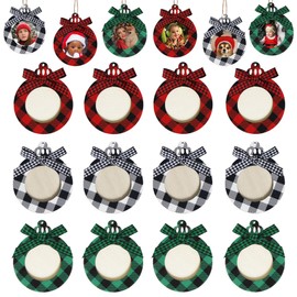 JOTFA 12 Pieces Christmas Picture Frame Ornaments, Christmas Buffalo Plaid Photo Frames Ornament with Plaid Bows Picture Frame Ornament for Christmas Decorations (12, Christmas Circle)