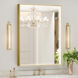 Oerbasz LED Bathroom Mirror with Gold Framed 24X32 Inch, LED Mirror for Bathroom with Anti-Fog, Stepless Dimmable, Front Lit, Memory Function, Shatter-Proof