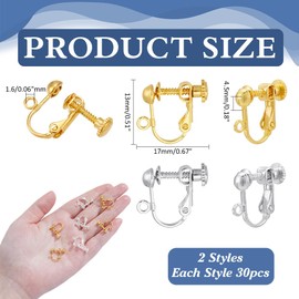 CRAFTYMELODY Pack of 60 Ear Clip Converters 2 Coloured Brass Ear Clip with Screw Cap Gold/Silver Ear Clip Fittings No Pierced Ear