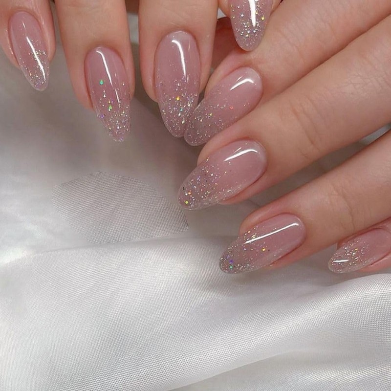 24pcs Long Almond False Nail French Glitter Star River Nail