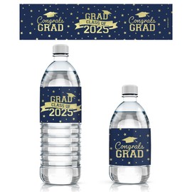 Blue and Gold Graduation Party Water Bottle Labels, Class of 2025 Water Bottle Waterproof Wrappers - 24 Stickers