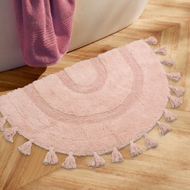 Half Circle Boho Bathroom Rugs with Tassels 100% Cotton Hand-Woven Bath Mat Non Slip Absorbent Bath Rugs with Rug Pad Washable Boho Bath Mat Carpet for Tub, Shower 20"x32",Pink