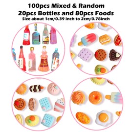 Mini Food, 100Pcs Miniature Food and Drink Set, Includes 80 Foods and 20 Bottles, Realistic Resin Toys for Dollhouse, Pretend Play Kitchen Games, DIY Crafts and Party Favors