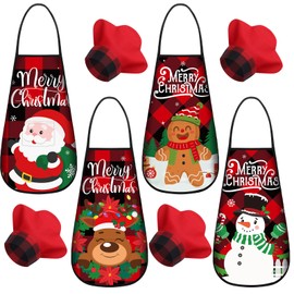 Geyoga 4 Sets Christmas Kids Apron and Chef Hat with Pocket for Girls Toddler Boys Snowman Deer Gingerbread Santa Apron for Kitchen Baking Crafting Painting Party Supplies