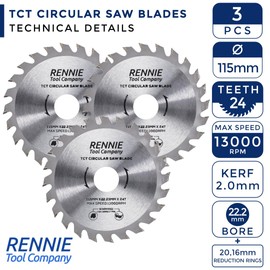 Rennie Tools - Pack Of 3 x 115mm Circular Saw Blade TCT Wood Cutter Blade. 24 Teeth (24T) Carbide Tipped Saws for Woodworking Wood Cutting 7/8 inch (22.23mm) Bore + 20mm and 16mm Reduction Rings.