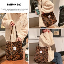Bikasun Large Shoulder Bag Women's Cord Shoulder Bag Beach Bag Cord Bag Crossbody Bag Shopper Tote Bag Shopping Bag Handbag Shopper for Work Shopping School Leopard Print