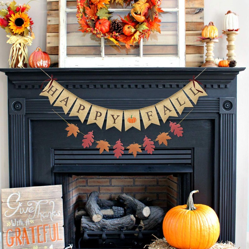 Uniwish Happy Fall Banner with Pumpkin Maple Leaves Sign Garland