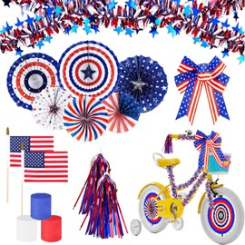 4th of July Bike Decorations Kit Includes Patriotic Tinsel Garlands Bike Streamers Bow USA Flags for Kids Bicycle Parade & Independence Day Festivities