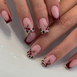 French Tip Press on Nails Square Short Fake Nails with Cherry Designs Glue on Nails Leopard Print Glossy Acrylic Artificial Nails Full Cover Stick on Nails for Women 24 Pcs