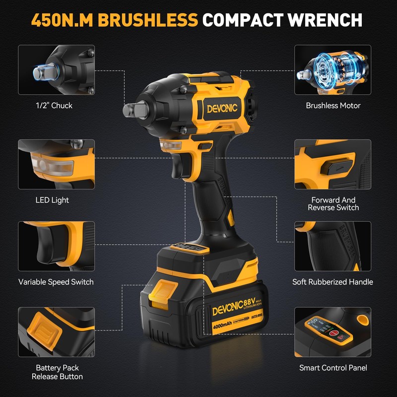 Devonic Cordless Impact Wrench,330ft-Lbs(450N.m) 21V Brushless Power Impact Wrenches,2800RPM High