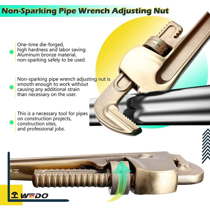 WEDO 8-inch Non-Sparking Pipe Wrench, Straight Pipe Wrenches Jaw Max