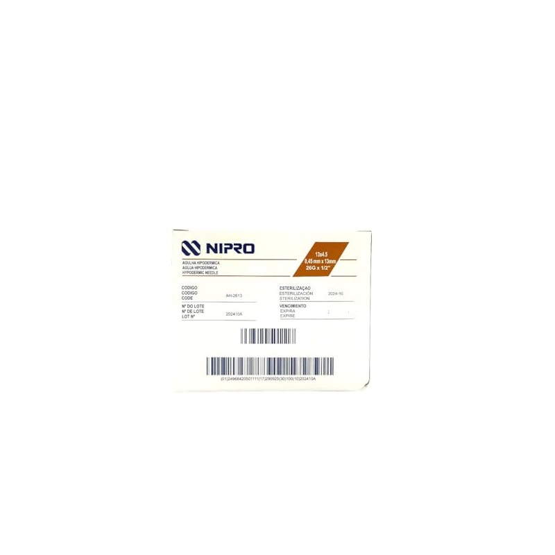 Aguja Hipodérmica 26G x 13mm (1/2”) Café NIPRO Caja con