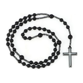 OEMOO Rosary Beads Catholic, 6mm Black Onyx Obsidian Hematite Cross Pendant Rosary Necklace, Christ Healing Crystal Triple Protection Necklace Catholic Gift for Men Meditation Jewelry (Matte Black)
