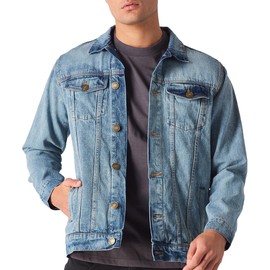 JMOJO Denim Jacket Men Classic Western Denim Pockets Jacket Button-Down Trucker Style, Vintage Blue Wash, Large