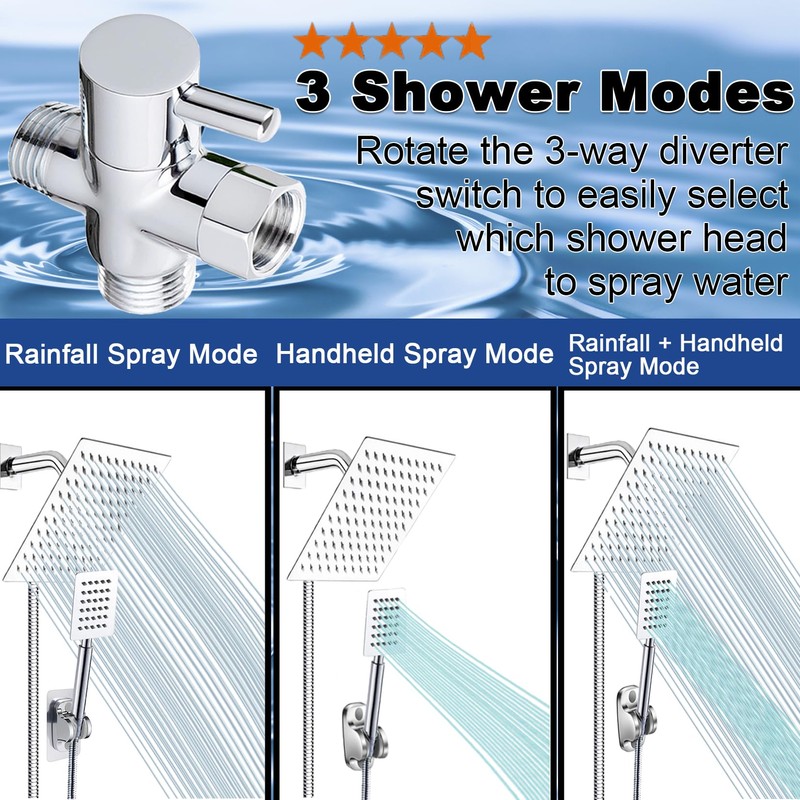 Dual Shower Head Combo, All Metal 8'' Rainfall Shower Head