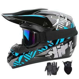 SPARK DOT Youth Motocross Helmet Adult Dirt Bike Helmets - Full Face, Lightweight & Breathable for Off-Road E-Bike BMX MX ATV (with Gloves Goggles Mask) 4Pcs Set, X-Large(61-62cm), Blue