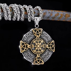 Fantasy Forge Jewelry Large Celtic Cross Necklace Unisex Gold Silver 316L Stainless Steel Vegvisir Pendant